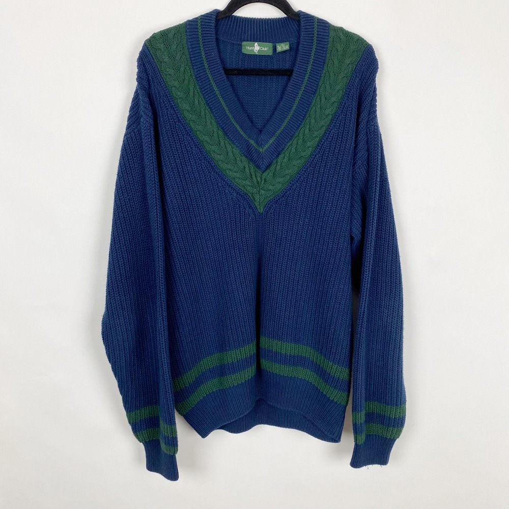Hunt Club Vintage V-Neck Cable Knit Shaker Cricket Sweater Mens XLT Tall Navy